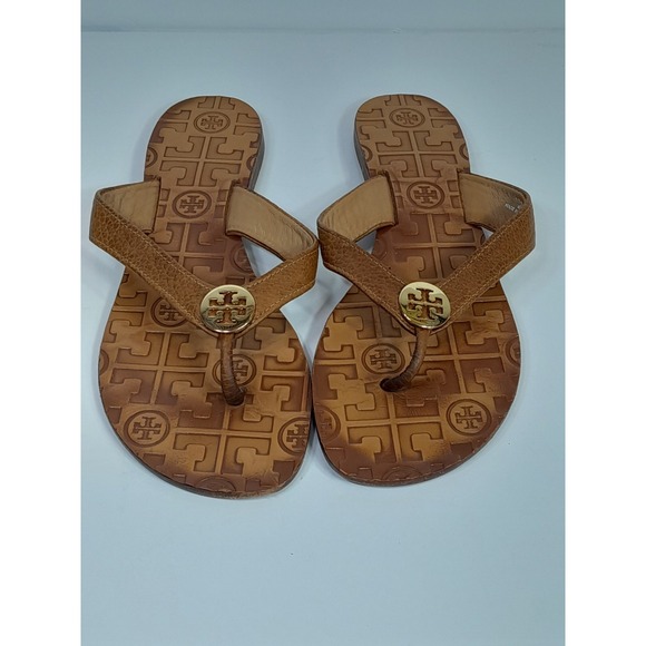 Tory Burch Thora Thong Sandal Flip Flops Tan Leather Gold Logo Sz 6 M - Picture 1 of 11